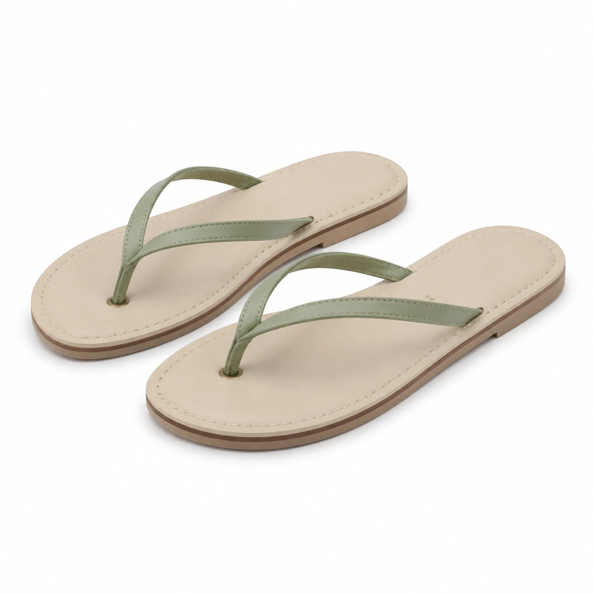 Damen Zehentrenner Größe 38/39 aus Synthetik in Beige Salbeigrün - flach für den Sommer