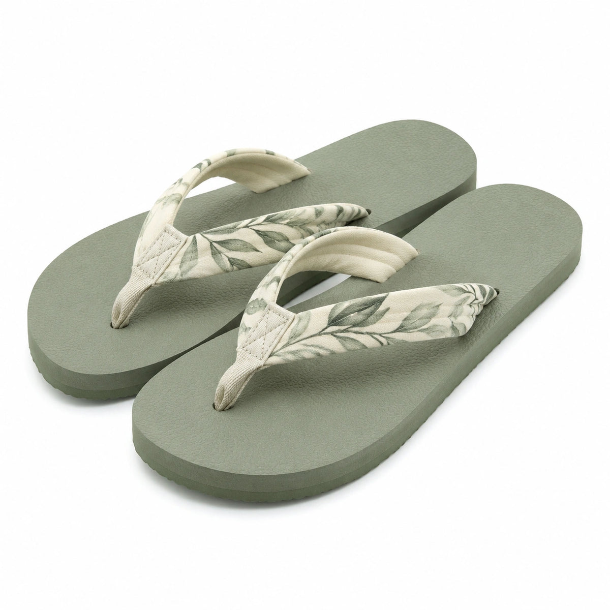 Flip-Flops Größe 38/39 mit Textilriemen in Salbeigrün Creme mit Blattmuster