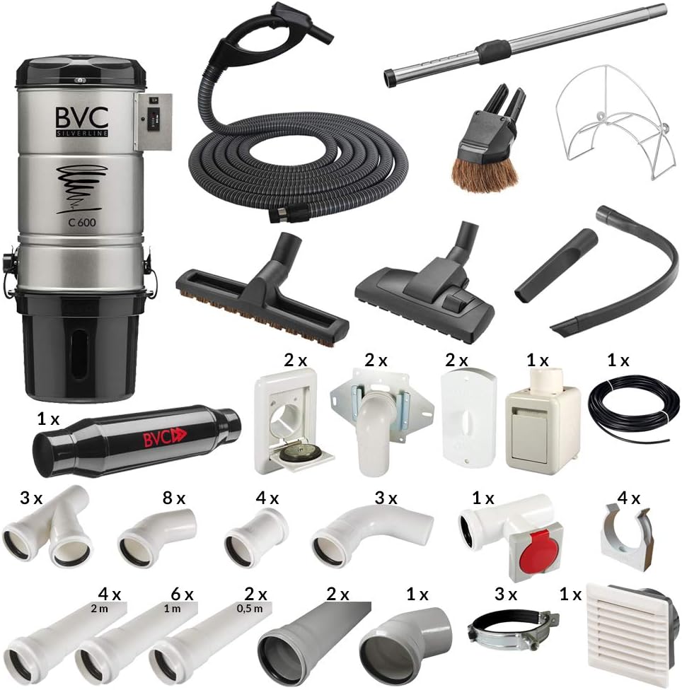 HOK Hausgeräteservice O.Kutschwalski Staubsauger, 100 m, Schwarz, BVC Zentral All-IN-ONE - C 600 Silverline-Paket - bis ² - 2