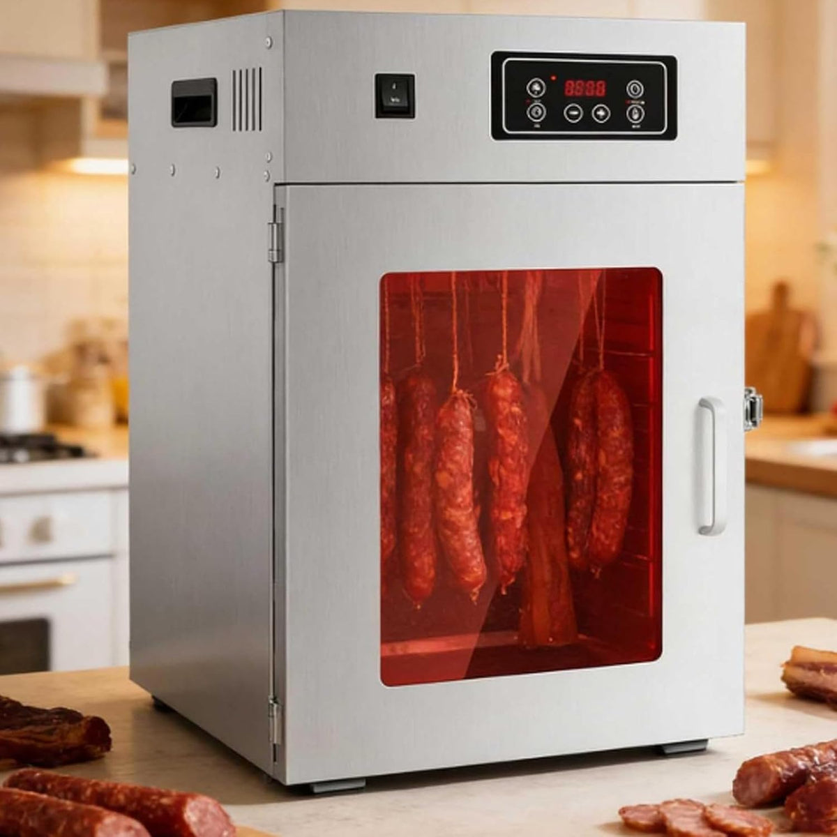 Oiyekntd Dörrautomaten, 7.5 kg, Silber, Drehbarer Fleischtrockner mit 360°-Drehung, Edelstahl-Biltong-Dörrgerät und Trockenschrank
