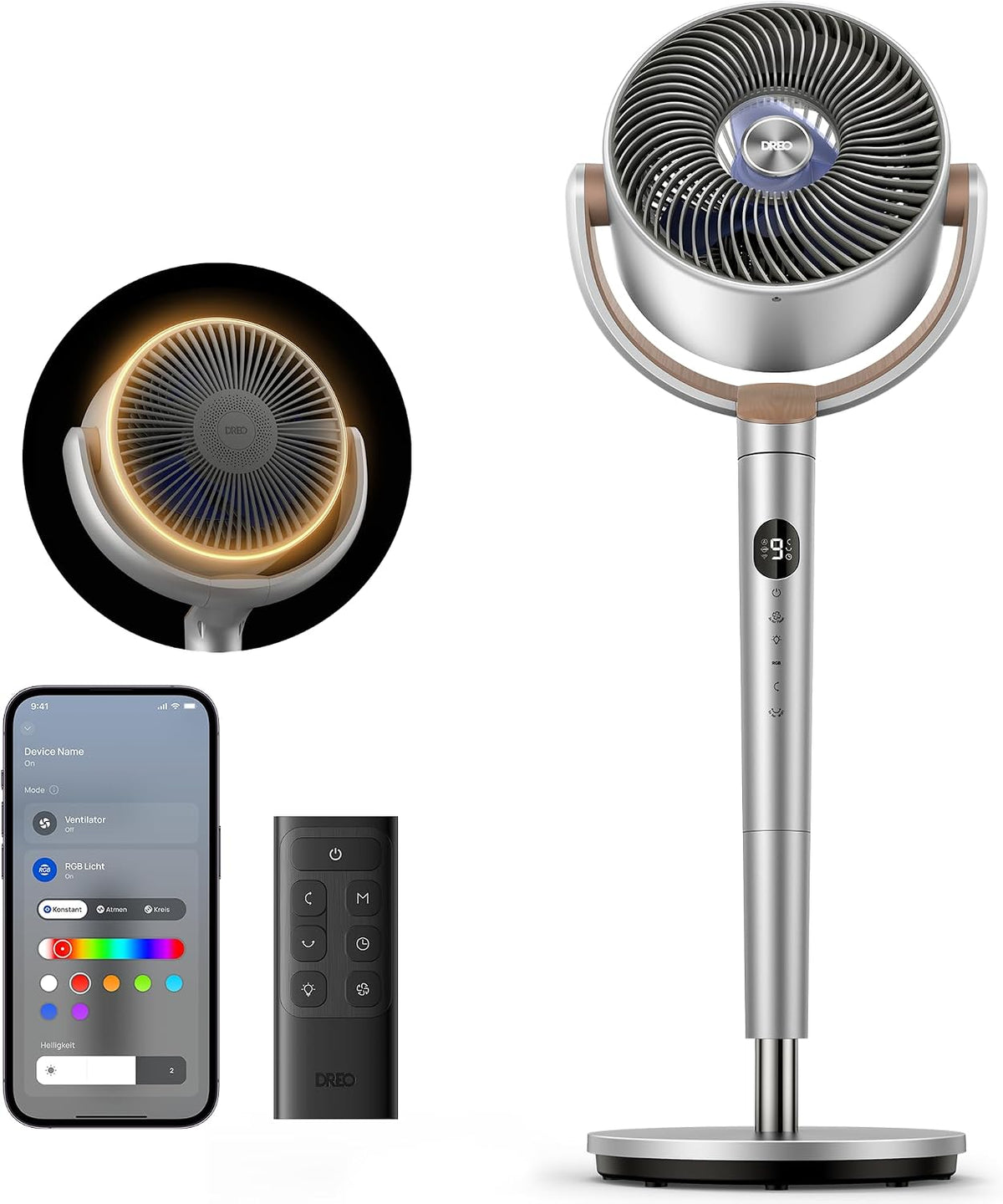 DREO Bodengebläse, 20 dB, Silber, Smart Standventilator mit RGB-Licht, 120°+120° Oszillation, Leiser Bodenventilator mit Fernbedienung