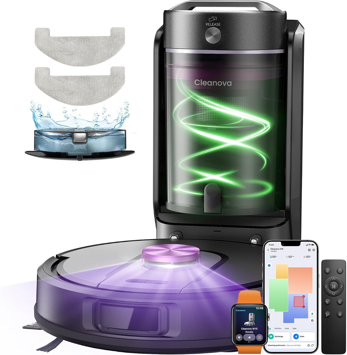 Vexilar Saugroboter, Schwarz, W15 mit Wischfunktion, Beutelloser Multi-Zyklon-Absaugstation Staubsauger Roboter