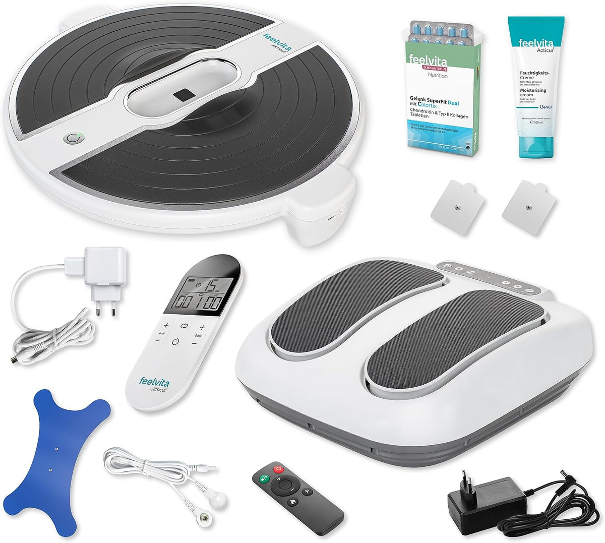 Genius Fußmassagegeräte, Grau, Feelvita Acticur Set 15-tlg. EMS-Durchblutungsstimulator, TENS Gerät mit 3 Elektrodenpads inkl. Fußmassagegerät