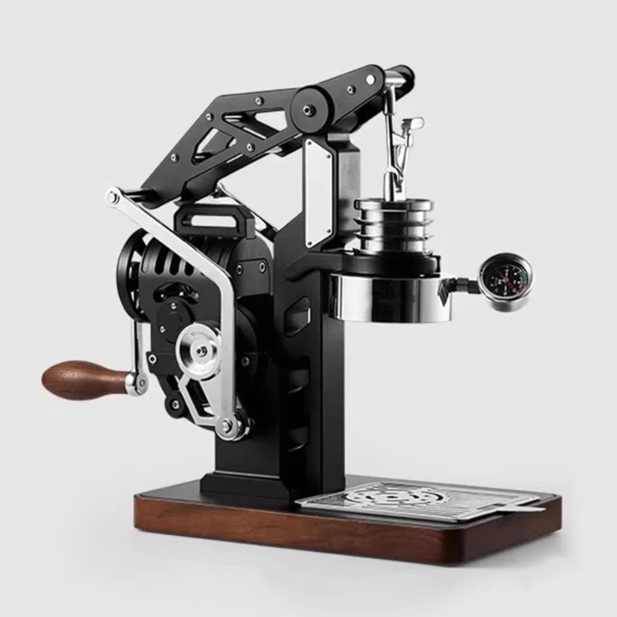 Handgekröpfte Kaffeemaschine, 58 mm, SUS304 Edelstahl, Aluminiumlegierung, Massivholz, Silikon, Kupfer, Gusseisen., Schwarz/Silber