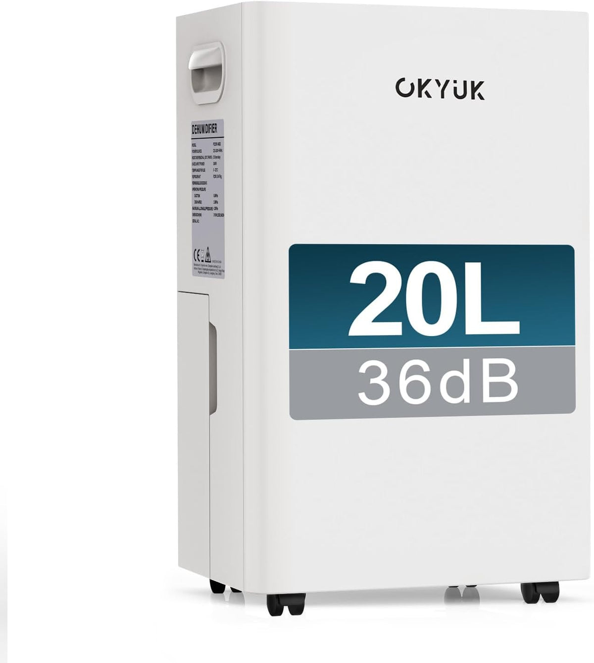 OKYUK Luftentfeuchter, 36 dB, 20 L, 40m, Weiß, Elektrisch mit Digitaler Luftfeuchtigkeitsanzeige, Leiser ², mit automatischer Abschaltung