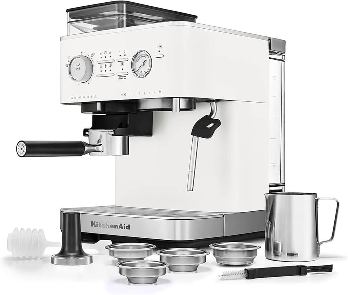 KitchenAid Kaffeemaschine, Weiß, mit mahlwerk I Halbautomatische Espressomaschine I, Milchkännchen, Bohnenbehälter (Weiss)