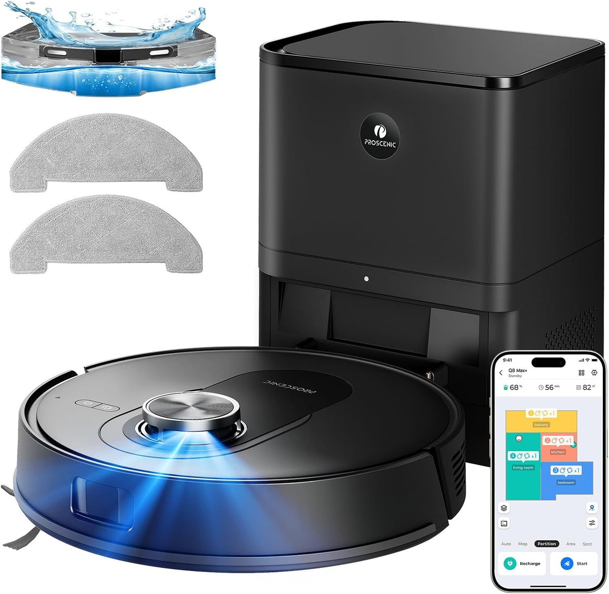 Proscenic Saugroboter, Schwarz, Q8 Max+ mit Wischfunktion, 8000 Pa 200 Min Staubsauger Roboter mit Absaugstation