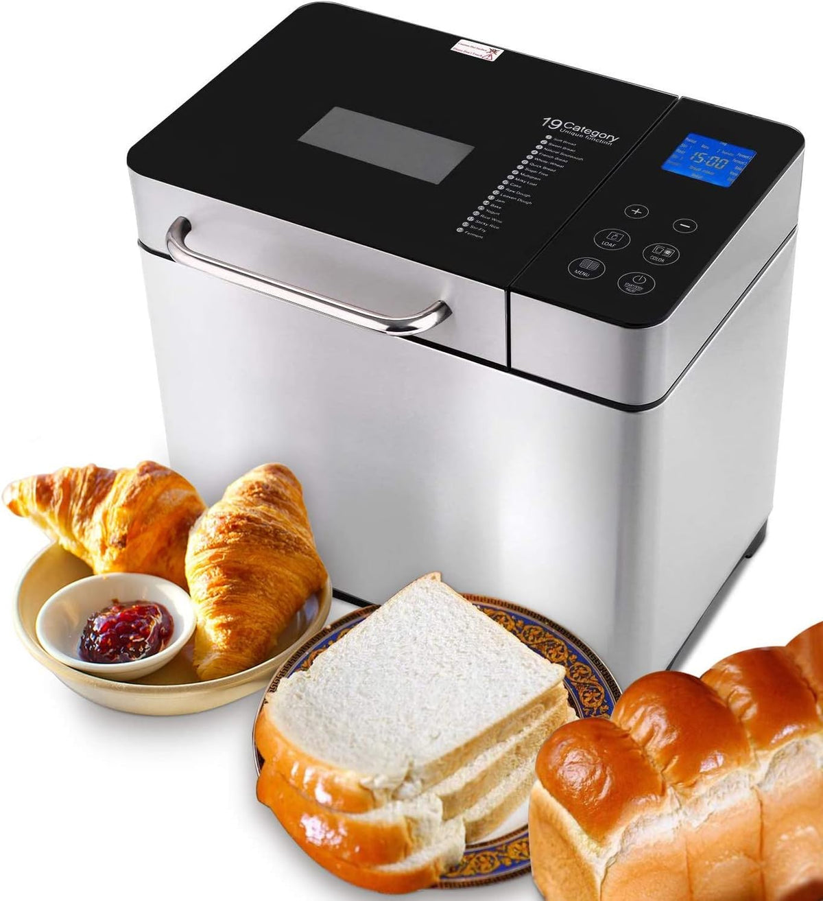 COOCHEER Brotbackautomaten, 710 W, stainless Stahl and plastic., Silber, Brotbackautomat Backmeister mit Automatische Zutatenbox
