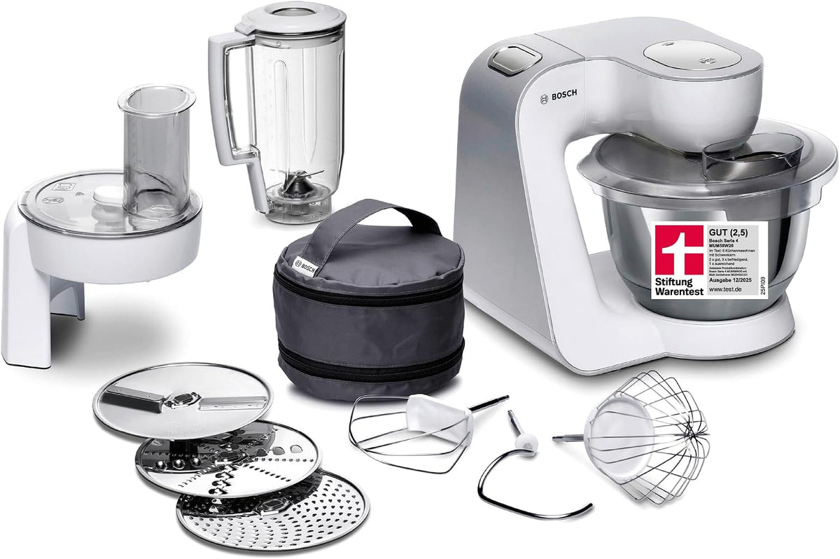 Bosch Universalküchenmaschinen, 1,25 L, 1000 W, 3,9 L, Silber/Weiß, Küchenmaschine Serie 4, Edelstahl-Schüssel
