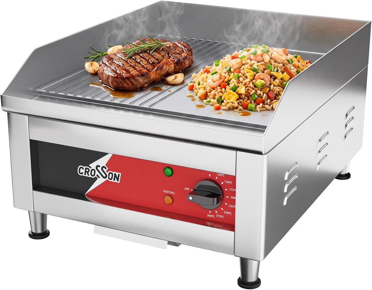 crosson Elektrische Grillpfannen, 40 x 40 cm, 10 mm, Schwarz, Profi Gastro Grillplatte Elektrisch mit halb glatter