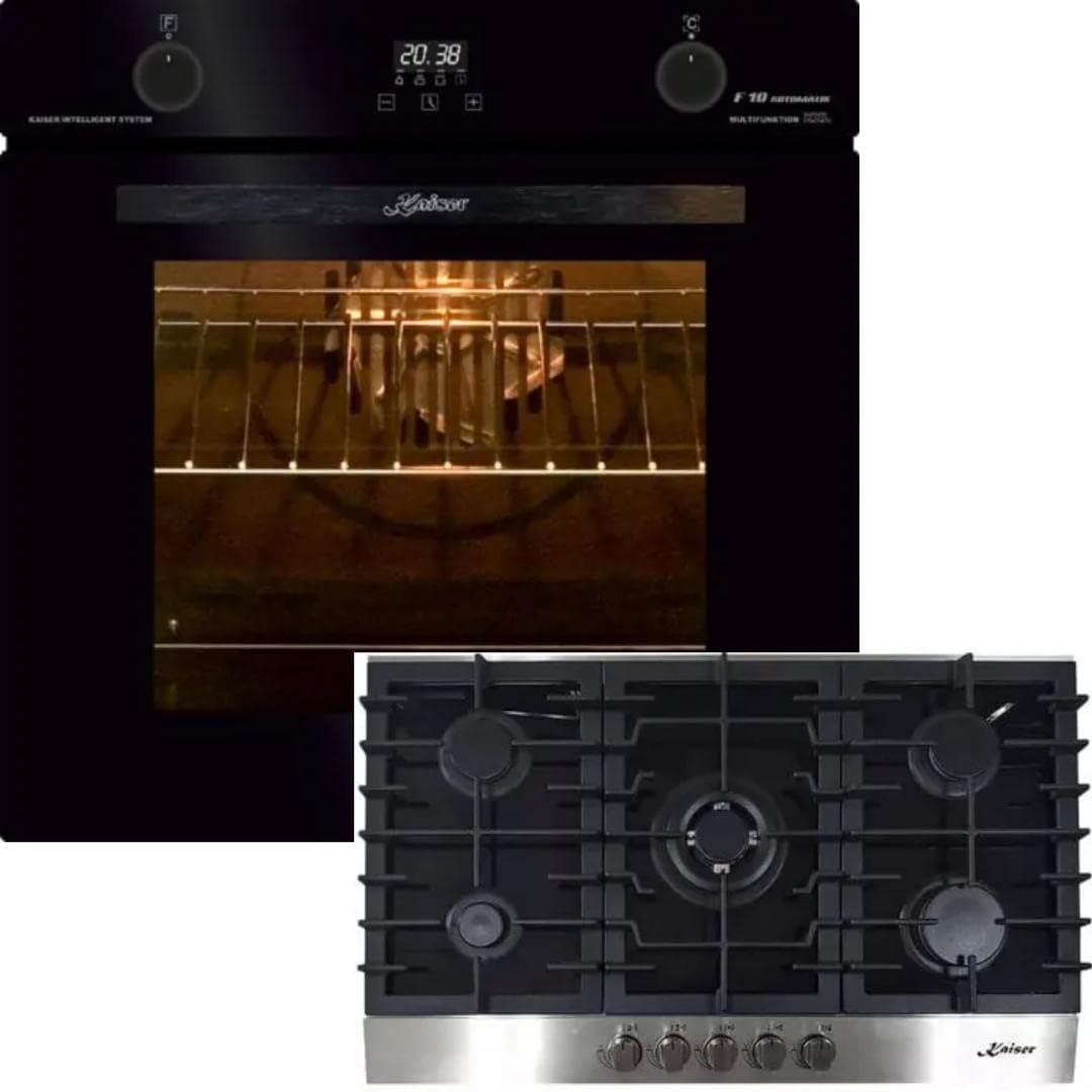 Kaiser Backofen, 3,8 KW, 79 L, Schwarz, Gas Herd-Set EH 6367 +KCG 9386, Elektro, Autark, Einbau, 10Funktionen, Pizzafunktion+Gas-Kochfeld