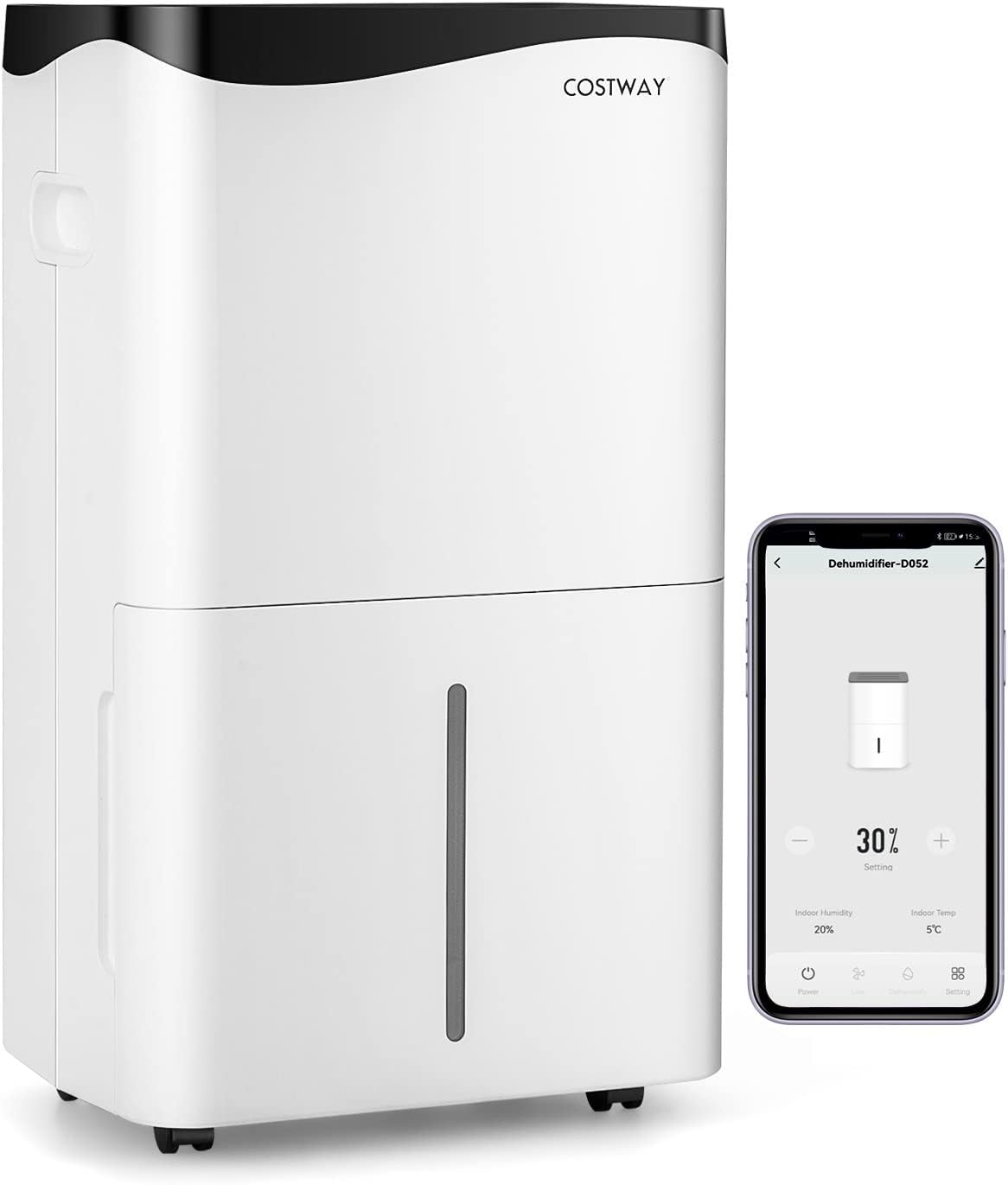 COSTWAY Luftentfeuchter, 250m, 100m, 50 L, 5 L, Weiß, /Tag Bautrockner, 4 Modi, Smart mit 24H Timer & Ventilator & Schlafmodus