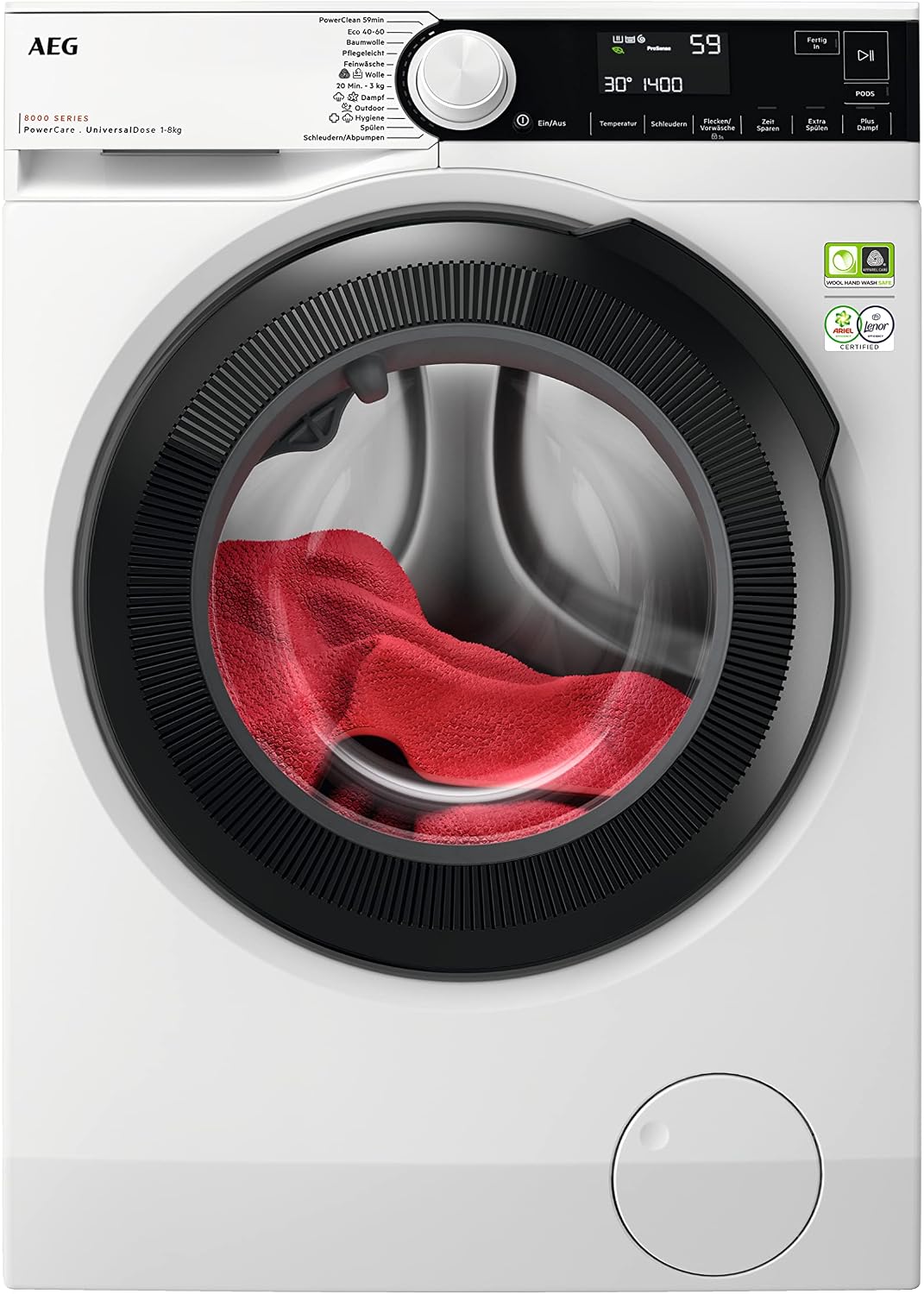 AEG Waschmaschine, 8 kg, Weiß, Serie 8000 PowerCare-Faserschutz, UniversalDose Schublade für Pods, Dampf-Programm