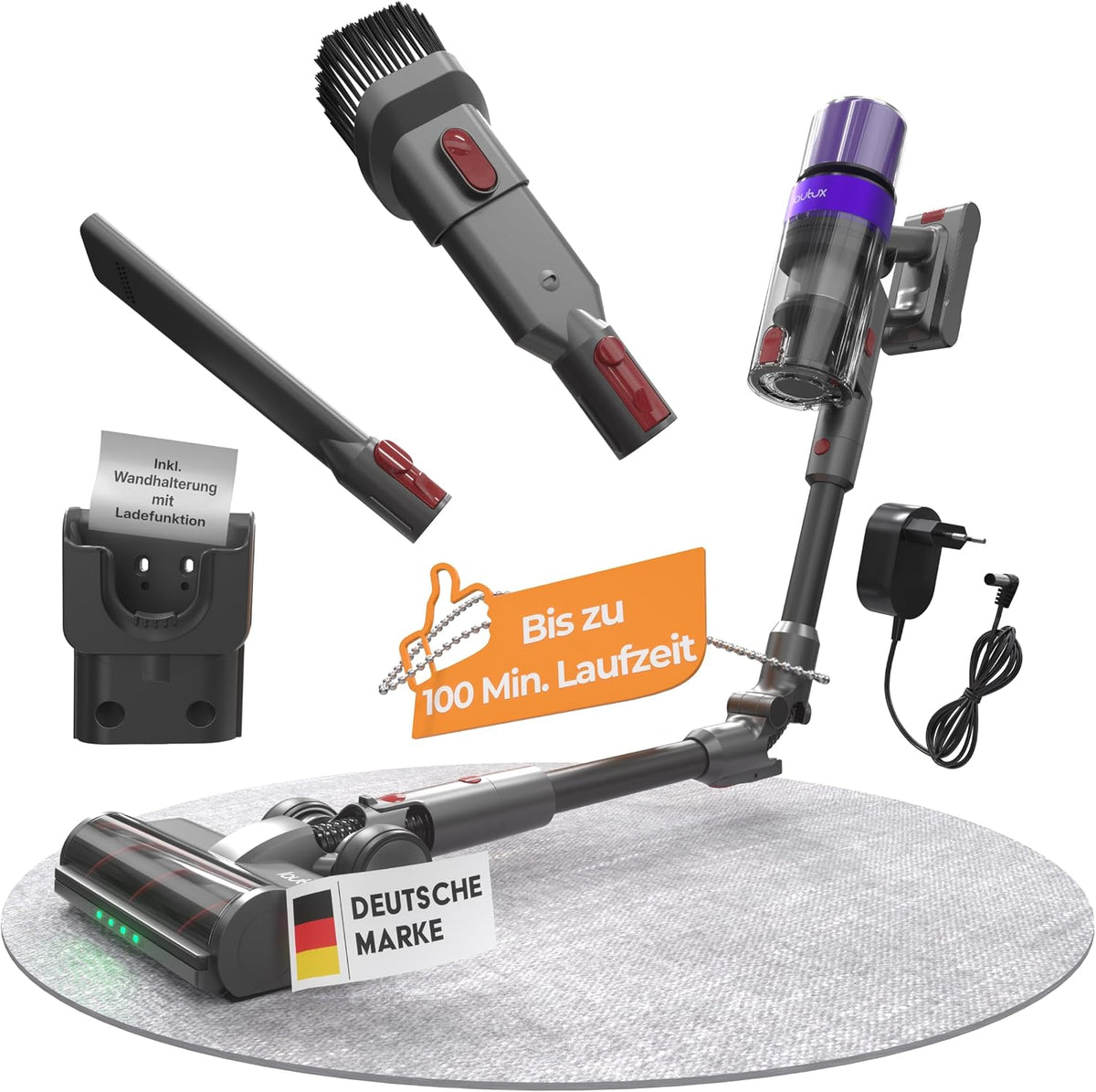 lautux Staubsauger, Schwarz, Clenza Pro Lavendel Akku- kabellos 38 kPa, 2-in-1 Sauger