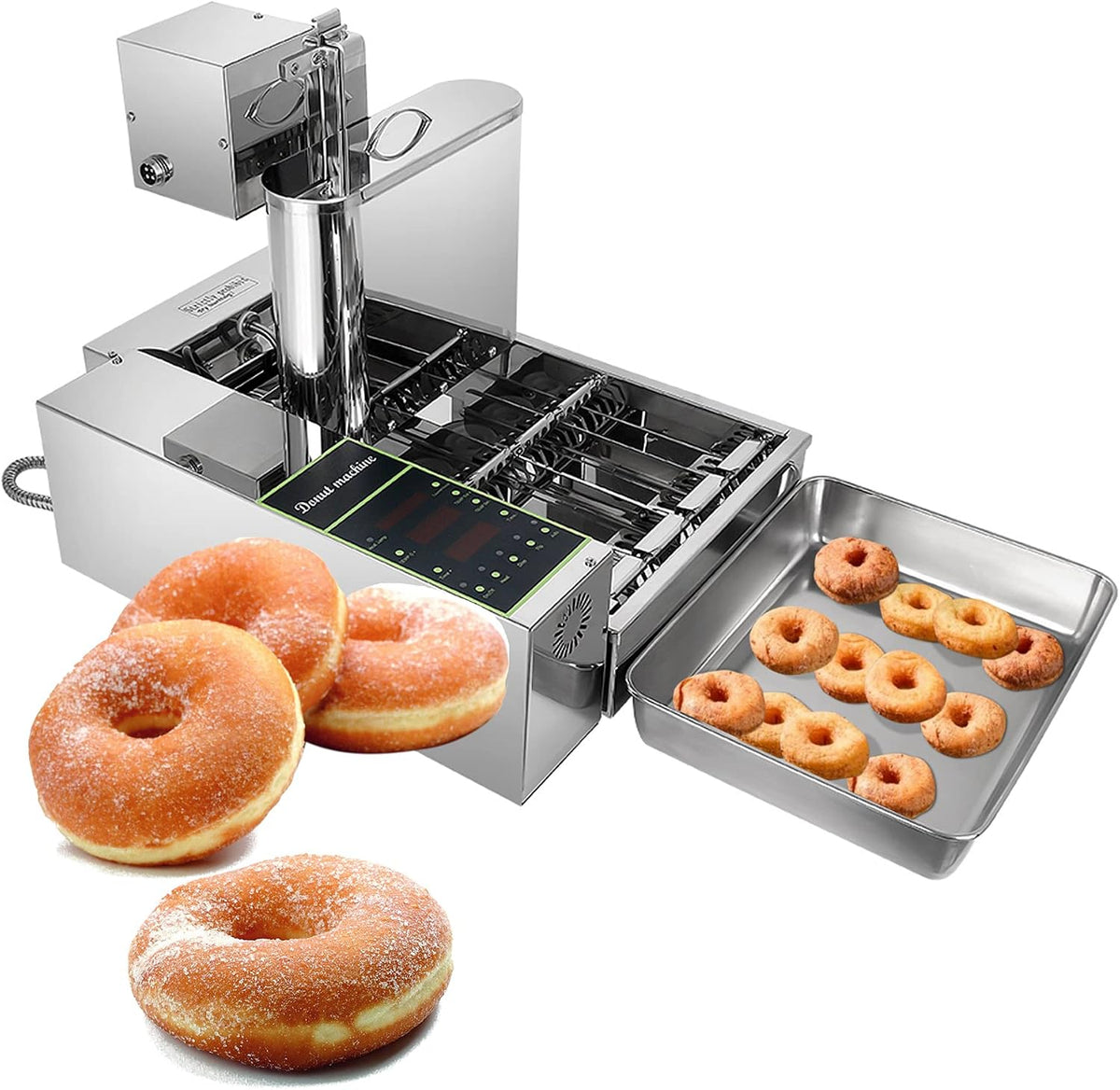 sjdoPulse Donut-Maker, 2000 W/1500 W., 6 L, Edelstahl 304#., Silber, Automatische -Maschine, 4 Reihen, Trichter