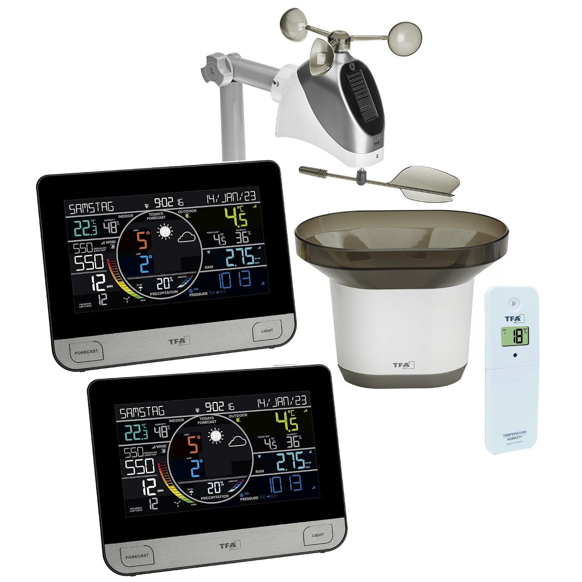 TFA Dostmann Wetterstationen, Schwarz, Wetterstation WLAN View PRO 35.8003.Plus mit 2 Farbdisplay, Außensensor Wind/Temperatur/Luftfeuchtigkeit