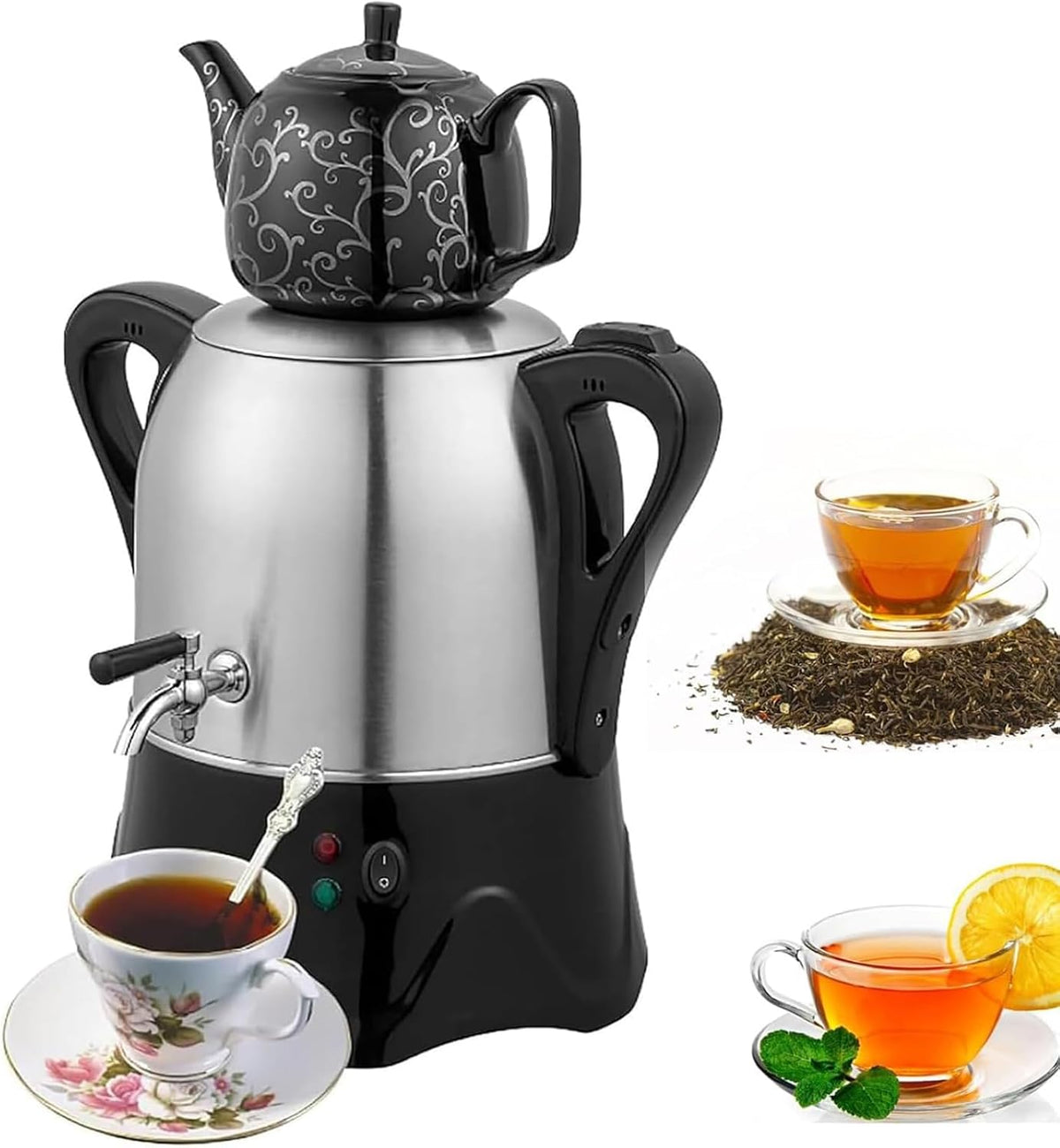 Kaffeemaschine, 2000 W, 3 L, Silber, Elektrischer Teebereiter, Edelstahl & Keramik Teekanne mit Warmhaltefunktion