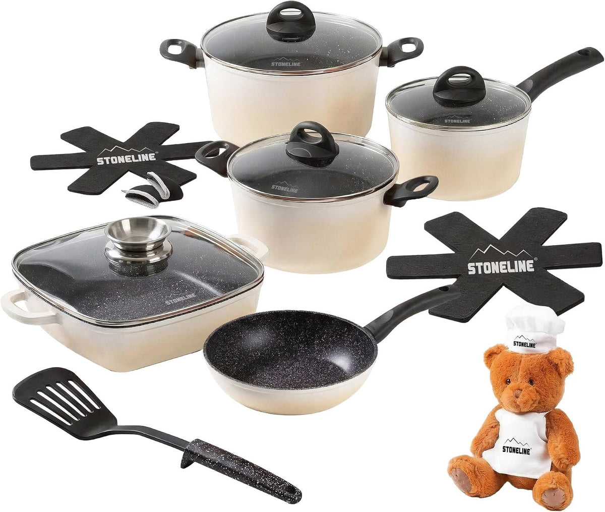STONELINE Backofen, 24 cm, Schwarz, Kochgeschirr Set 15-teilig 18/20/ Pfannen und Töpfe Set mit, Topfset Induktion Antihaft Beschichtet mit echten
