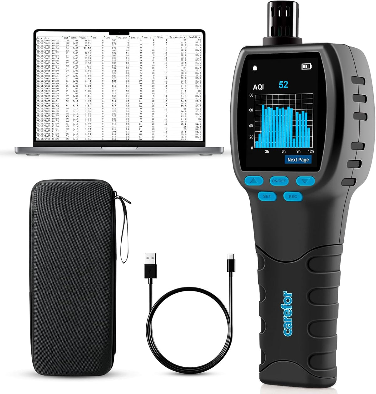Therm La Mode Innenraum-Luftqualitätsmessgeräte, Schwarz, CF-60 PP Professioneller Luftqualität Messgerät mit, Tragbarer 16-in-1-Detektor für AQI