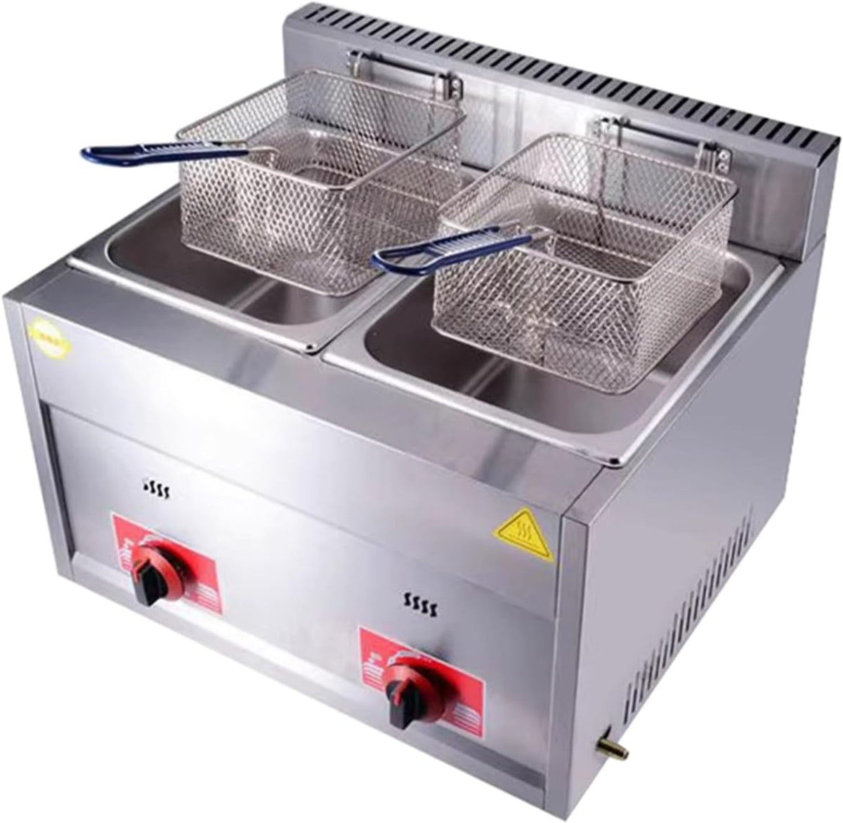 Kommerzielle Heißluftfritteuse, 10 L, Silber, Gas Fritteuse, + Doppel Edelstahl Fritteuse mit Frittierkorb und Deckel