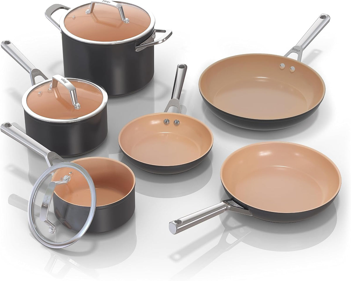 Ninja Kochfeld, Schwarz, CW99009 Topf- und Pfannenset, antihaftbeschichtet, verlängerte Lebensdauer, Premium-Keramik-Kochgeschirr-Set