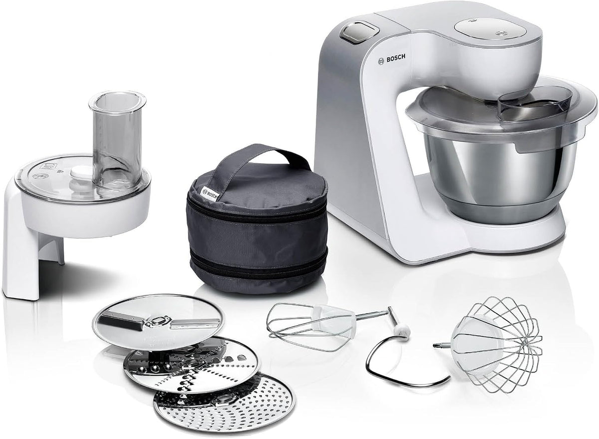 Bosch Universalküchenmaschinen, 1000 W, 3,9 L, Silber/Weiß, Küchenmaschine Serie 4, Edelstahl-Schüssel, Patisserie-Set Edelstahl