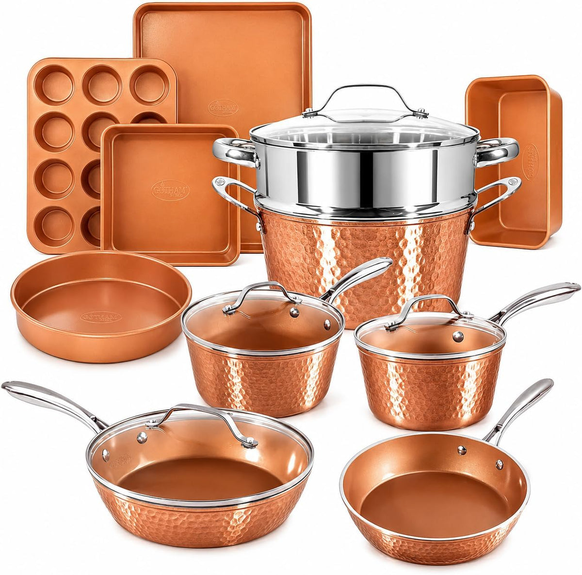 GOTHAM STEEL Pfannensets, Schwarz, Hammered Copper Collection, 15-teiliges Premium-Koch- und Backgeschirr-Set