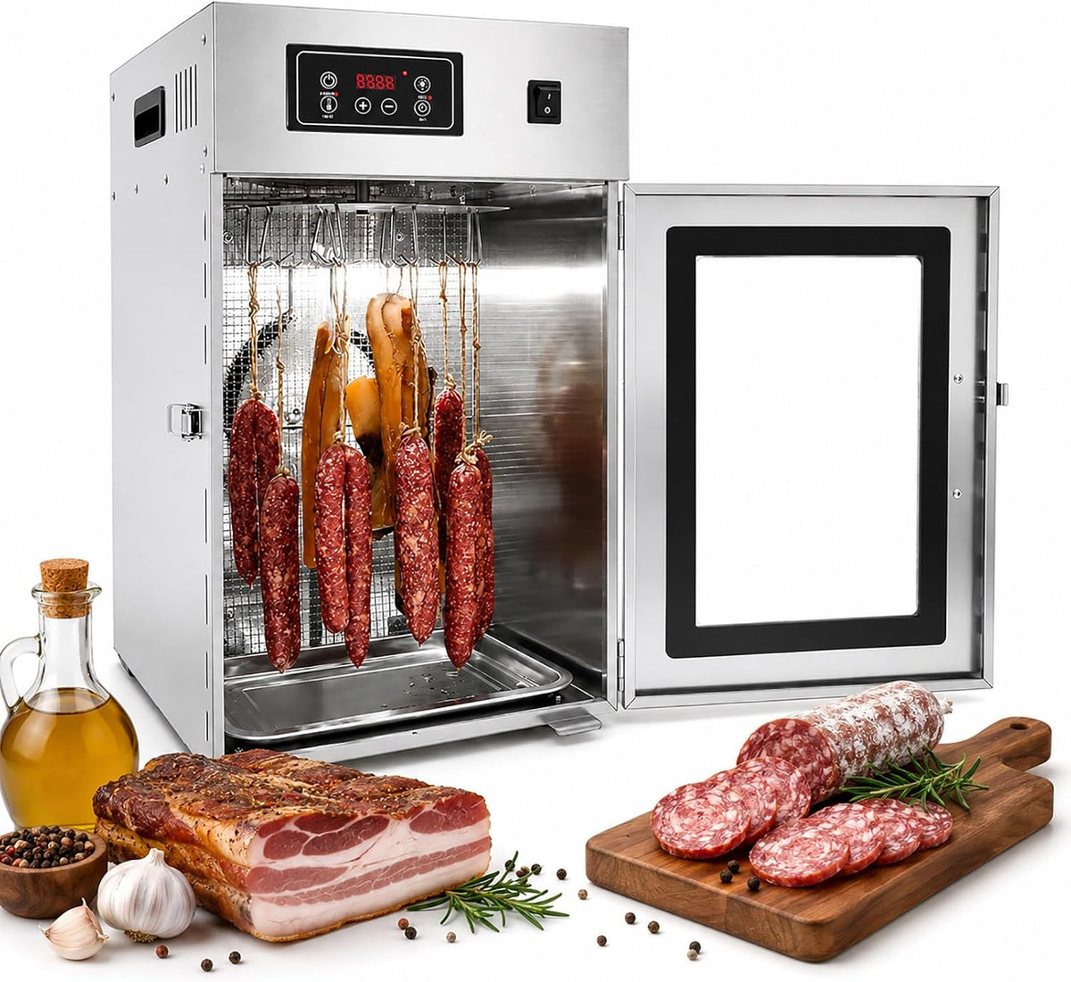 vnmudzeo Dörrautomaten, 7.5KG, Silber, Fleisch Dörrgerät mit Timer - Edelstahl Trockenschrank mit, 30-90℃ Temperatur und Glastür