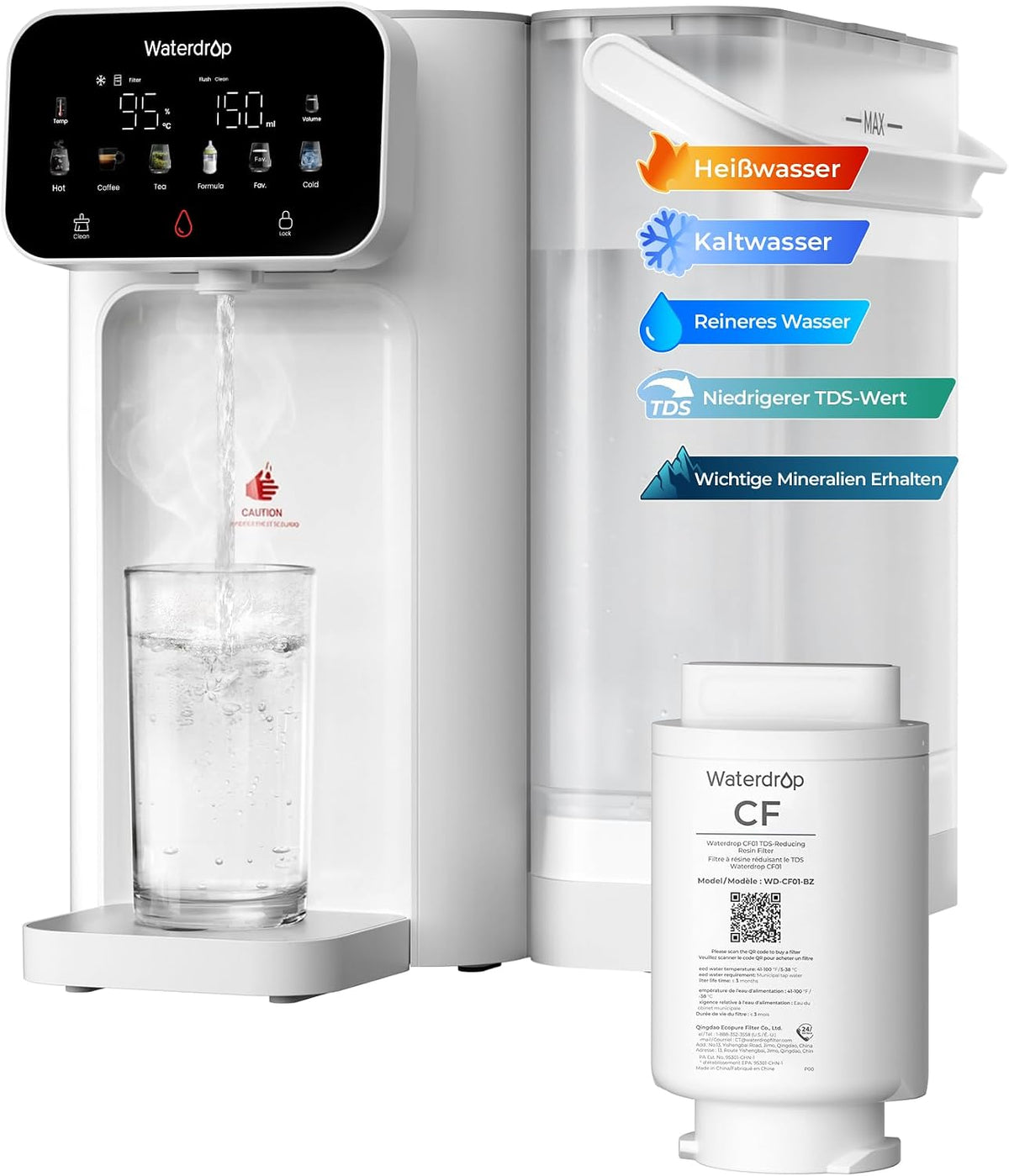 Waterdrop Heißwasserspender, 5 L, Schwarz, CT01 Heiß & Kalt Filter Wasserspender, Reduziert TDS & Kalk
