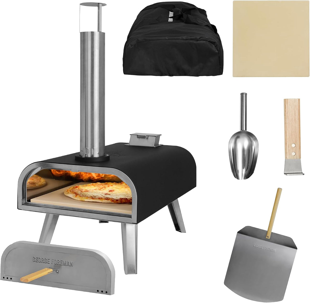 George Foreman Pizzaofen, 40,6 cm, Schwarz, Outdoor Holzpellet Tragbarer Holzbefeuerter mit Paddel und, BBQ Ofen & Smoker