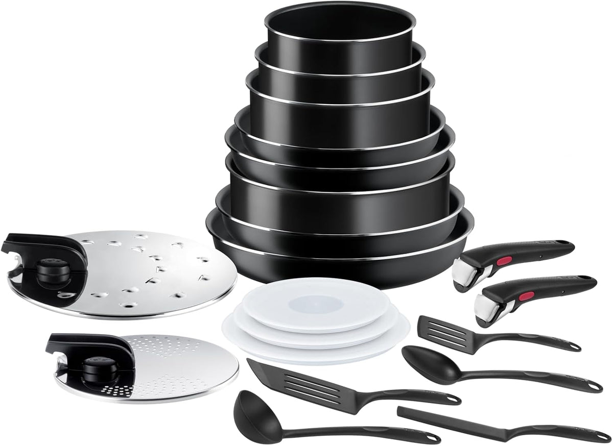 Tefal Backofen, Schwarz, Ingenio Easy On 20-teiliges Topf und Pfannenset abnehmbarer, stapelbar, platzsparend, einfache Handhabung und Reinigung