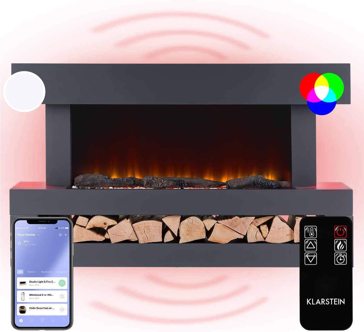 Klarstein Elektrokamin, 2000 W, Schwarz, Deko Kamin mit LED-Flammen, Elektro Kamin mit Heizung, Elektrischer Sparsamer Elektrisch