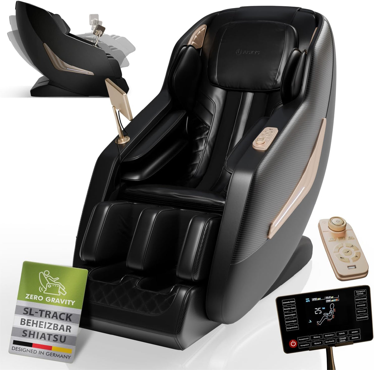 Juskys Relaxsessel, Schwarz, Massagesessel Paros, elektronisch mit Shiatsu, Bluetooth®, Wärmefunktion, SL-Track