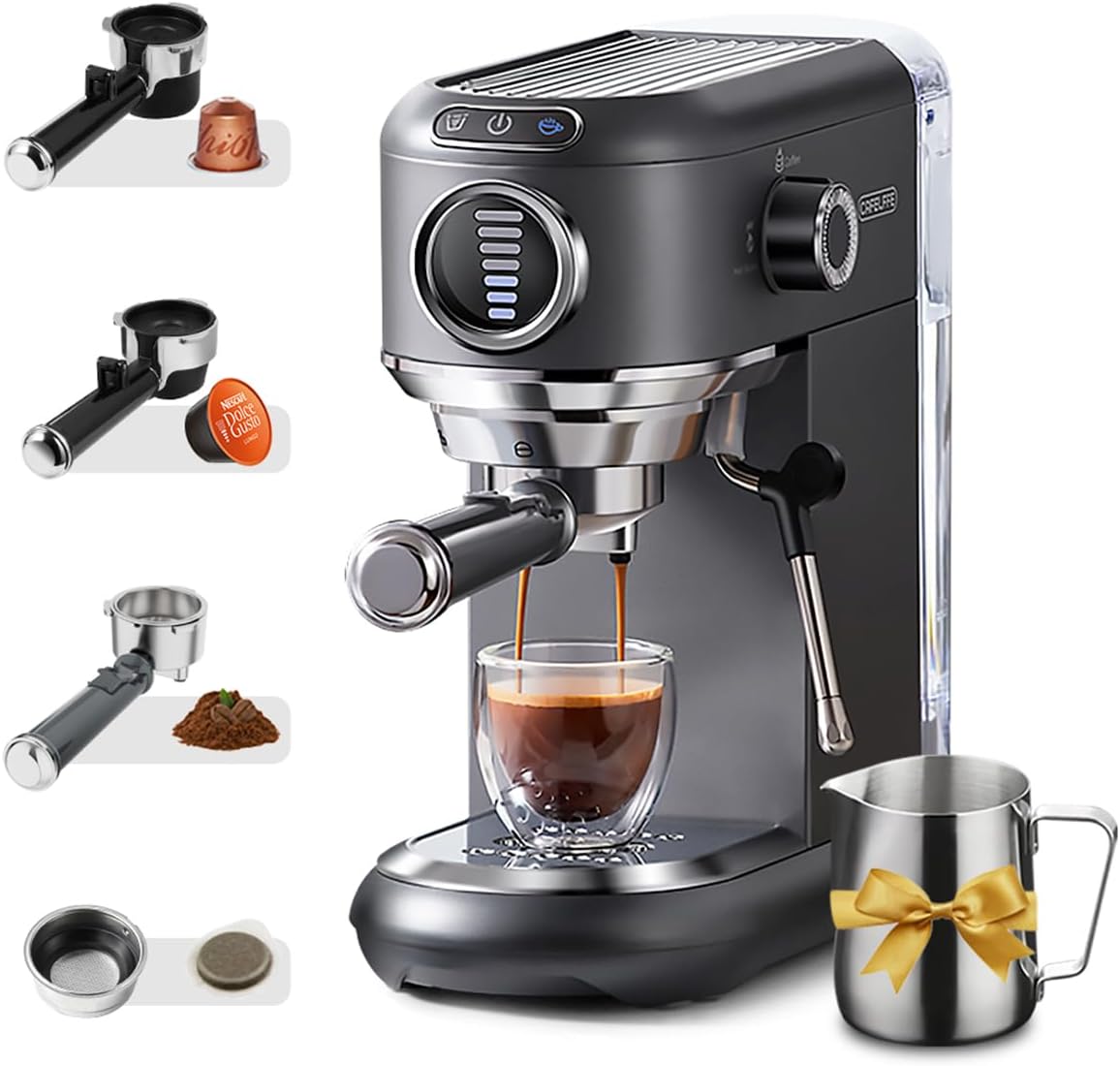 CAFELFFE Kaffeemaschine, 44 mm, Silber, MK-601F 4-in-1-Kapsel-Espresso- mit Dampfstab und, heiß/kaltgebrüht, Nes Original/DG/ ESE Pods/gemahlen