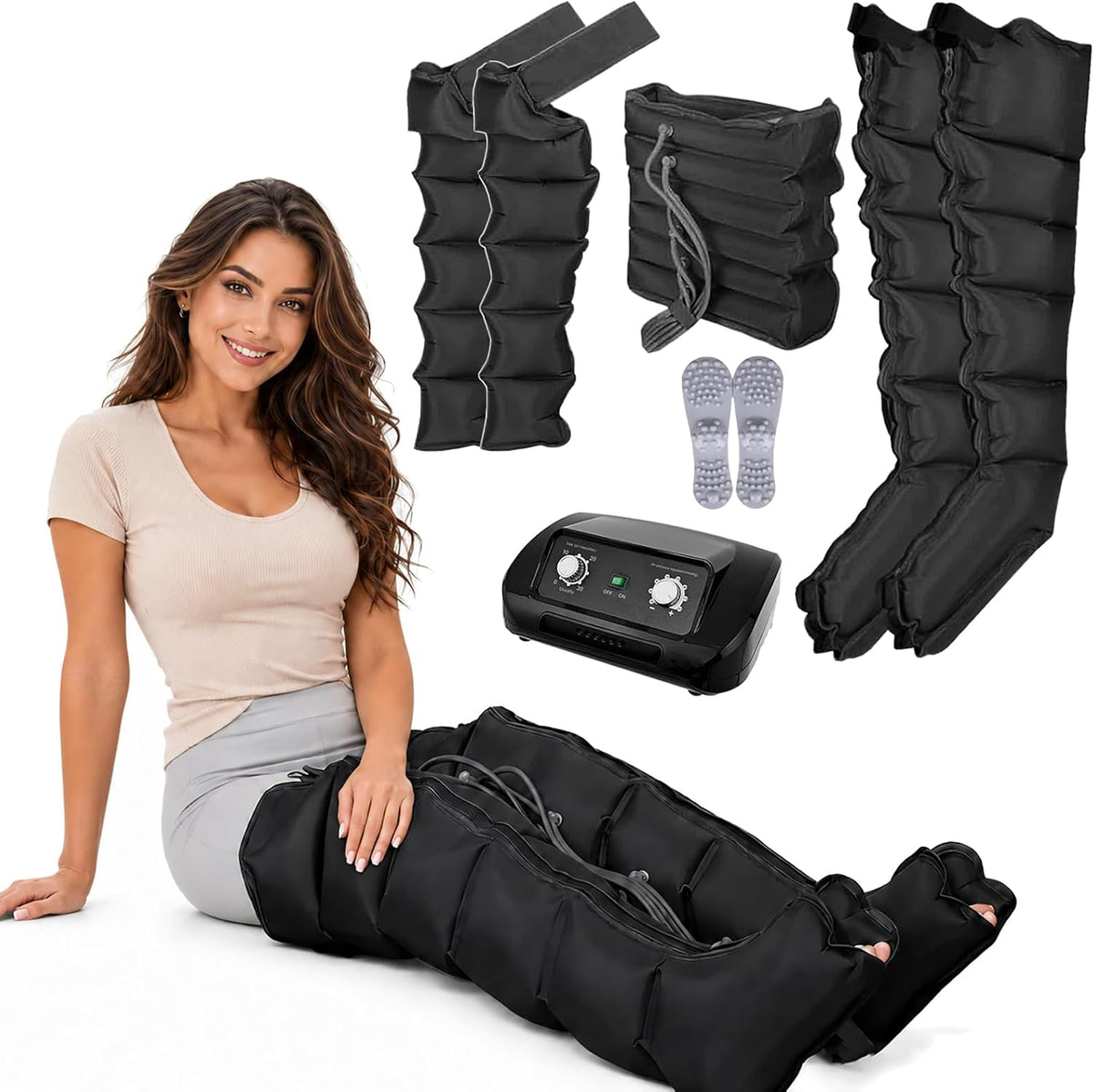 Huachorial Fußmassage, Schwarz, Kompressions-Beinmassagegerät mit 6 Kammern, Lymphdrainage Gerät Beine bei Lymphdrainage Lipödem
