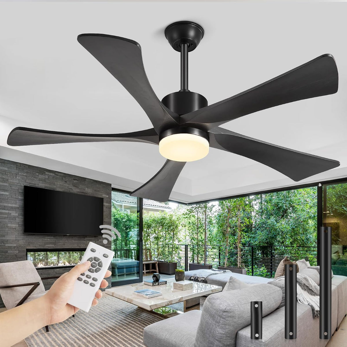 Forrovenco Deckenventilator, 132 cm, Schwarz, Mit Beleuchtung Und Fernbedienung 5 Flügel
