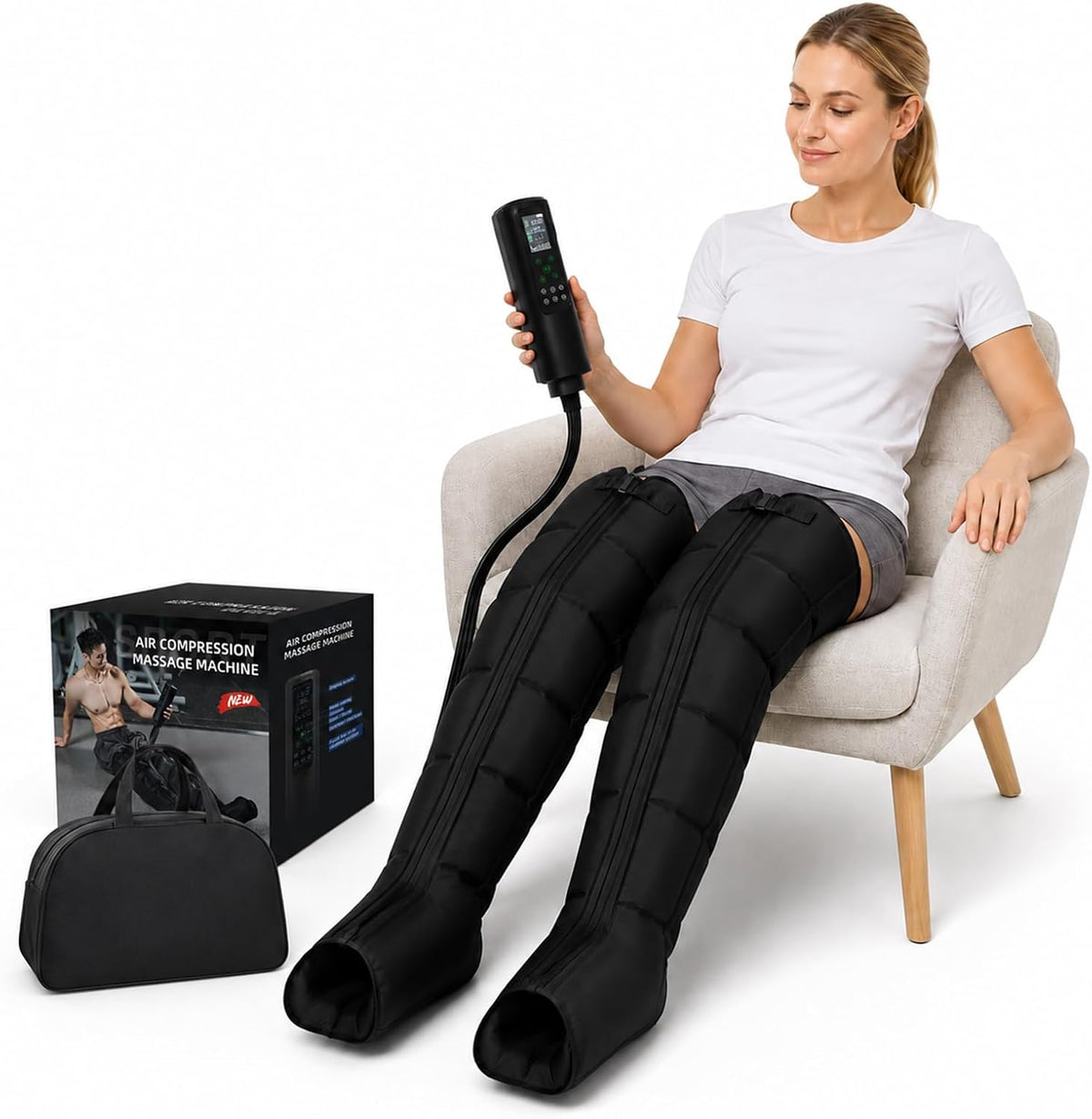 JIMINHUIXIN Fußmassagegeräte, Schwarz, Recovery Boots, Beinmassagegerät mit Luftkompression für Sport, 12 Modi