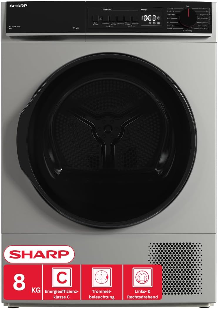 SHARP Wäschetrockner, 8 kg, Silber, KD-PRO8S7GSC-DE, WiFi, 15 Trockenprogramme inkl. 20-Minuten-Schnelltrockenprogramm