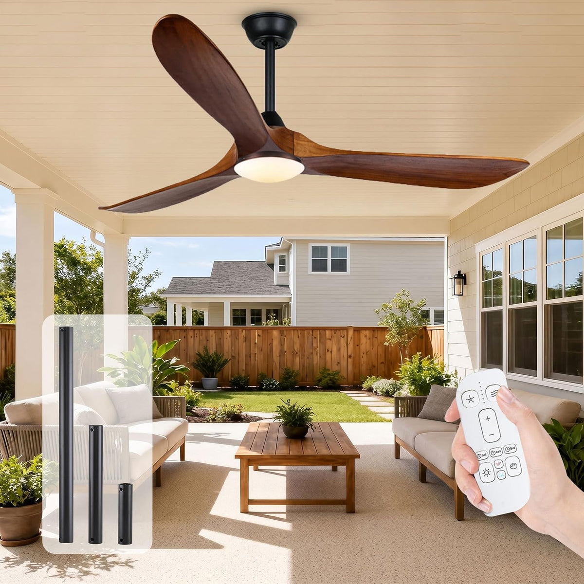 OUENGK Deckenventilator, 178CM, Weiß, Mit LED Licht Und Fernbedienung, 3 Flügel Holz Mit Licht, 3 Farbtemperatur