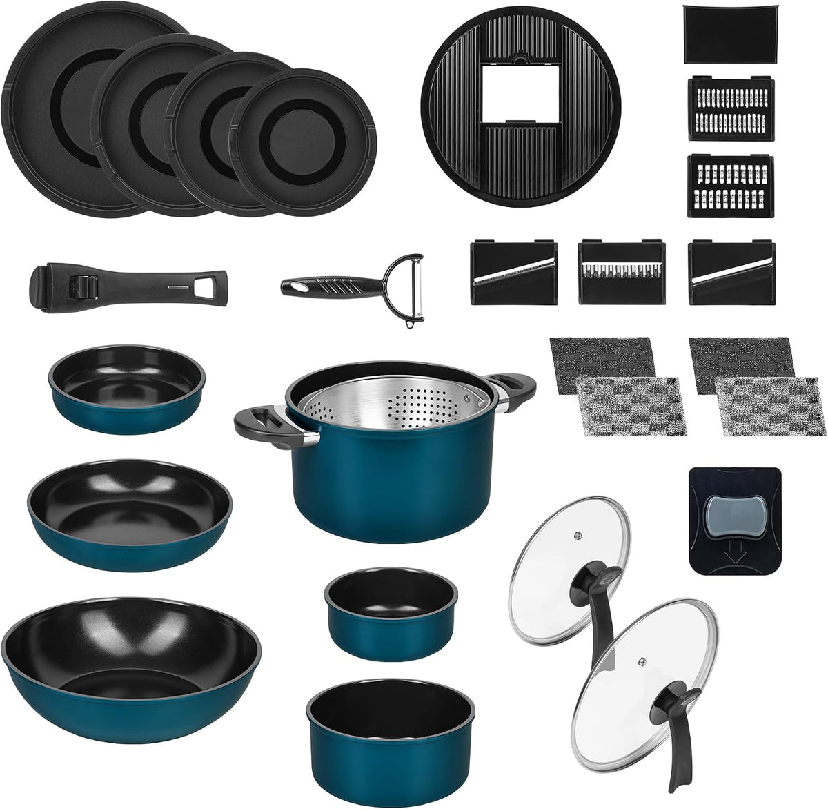 Genius Backofen, Schwarz/Silber, Kelton Pfannenset 31 tlg, Kochgeschirr mit Deckel und abnehmbaren Griffen, inklusive Clia Genie Schaum Schwämmen