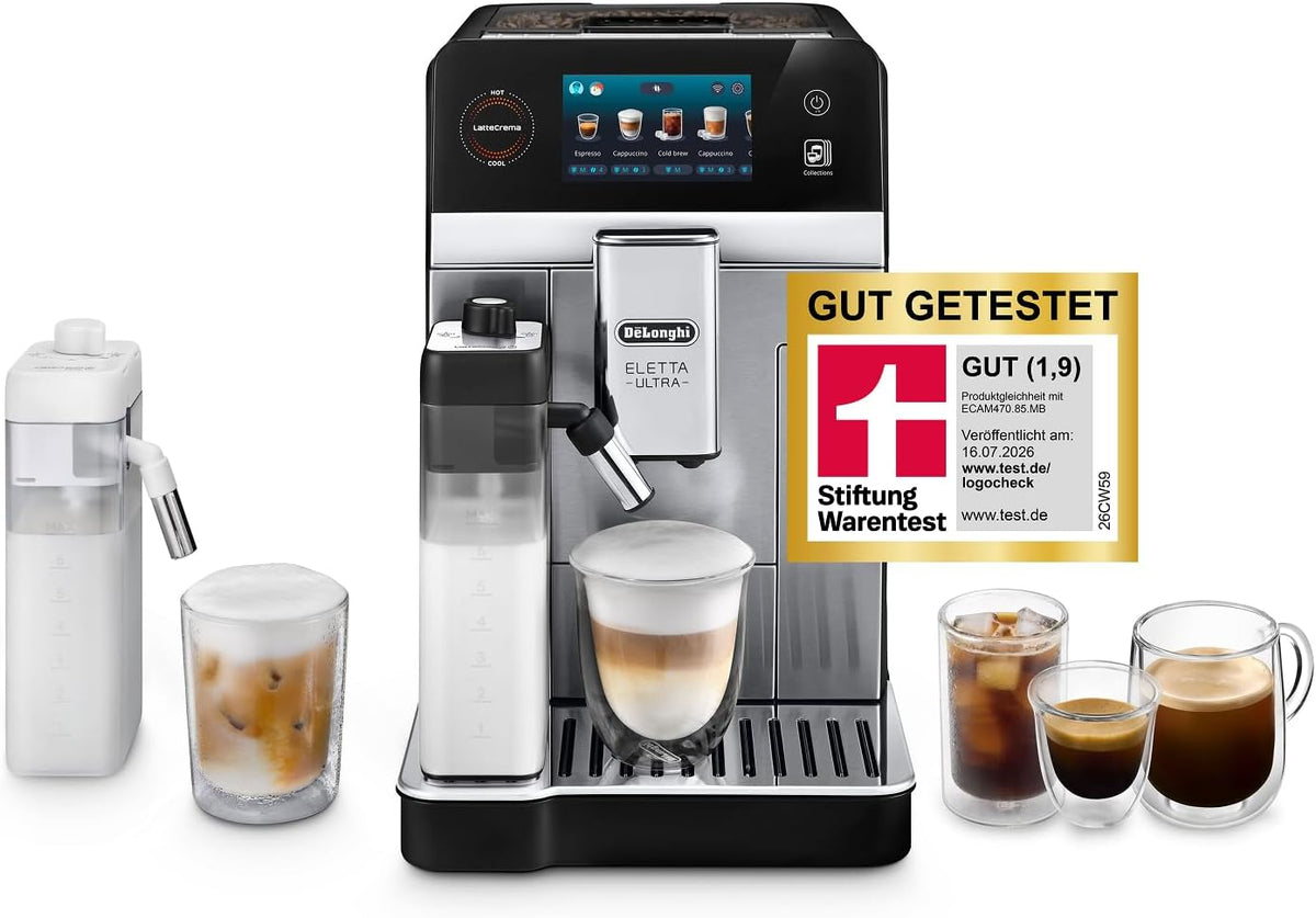 De'Longhi Kaffeevollautomat, Schwarz/Silber, Eletta Ultra NEU - LatteCrema Milchsystem, 50+ heiße & kalte Getränke