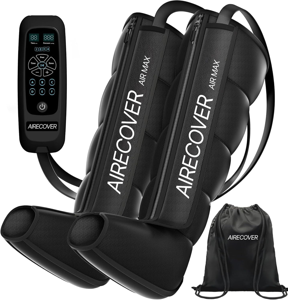 Airecover Fußmassagegeräte, 190 cm, Schwarz, Pressotherapie für Zuhause, Beinmassagegerät mit 4 Kammern zur Verbesserung der