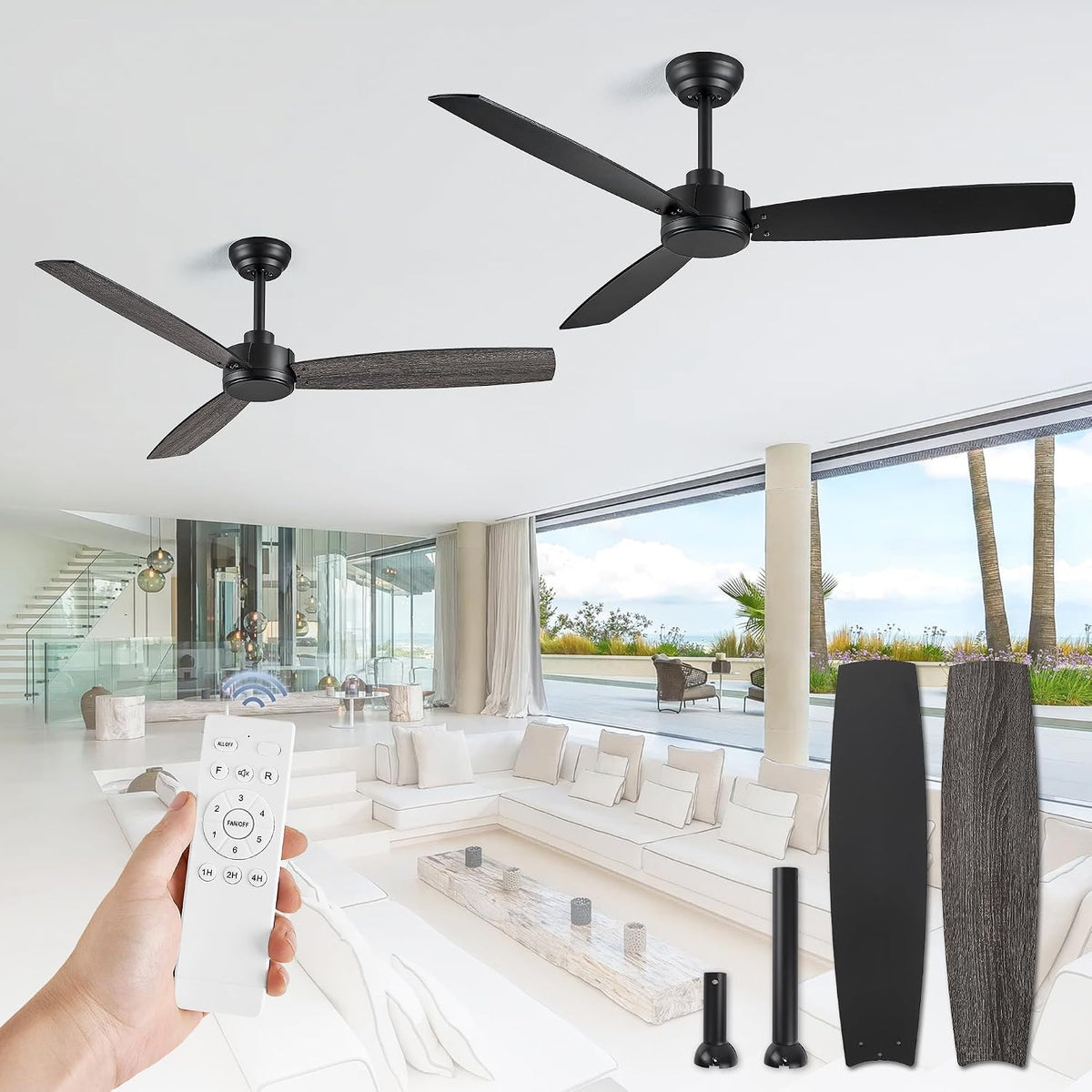 ZMISHIBO Deckenventilator, 132 cm, Weiß, 2 Stück Outdoor- mit Fernbedienung, schwarzer ohne Licht mit leisem reversiblen Gleichstrommotor
