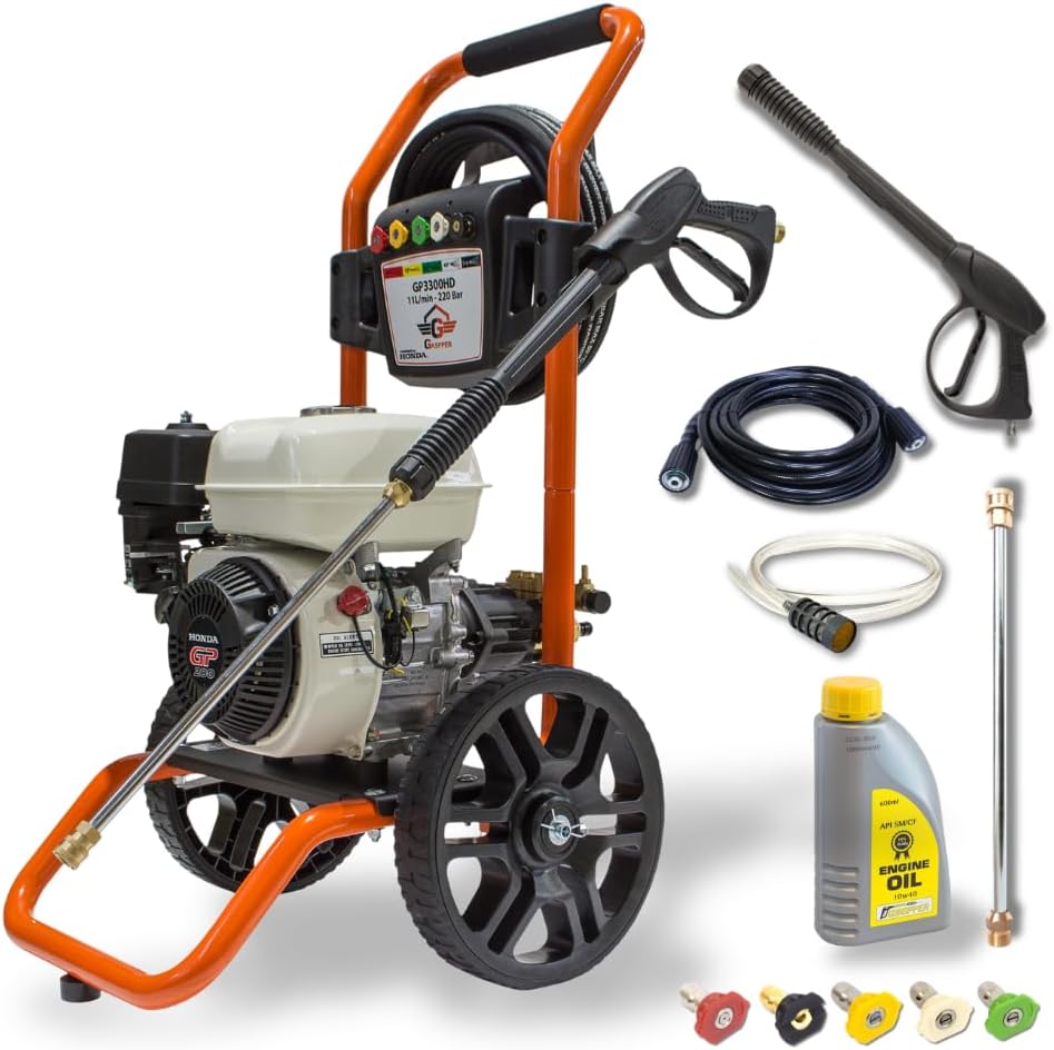 WASPPER Hochdruckreiniger, 220 bar, 11 l, 10 m, Schwarz, Benzin 3200 PSI, Honda GP200 Motor 5, 5 HP, /min, Profi mit Schlauch
