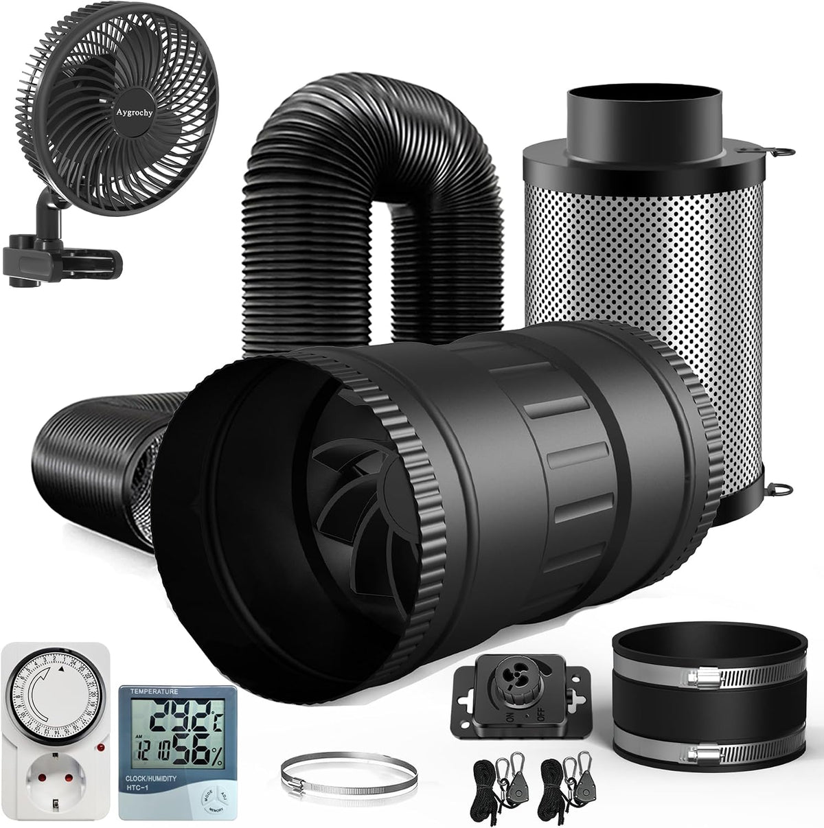 Brogachy Badlüfter, 100 mm, Weiß, Abluftset, Inline Rohrventilator, Lüftungsset mit Clip-On-Ventilator, Belüftungssystem für Growzelt