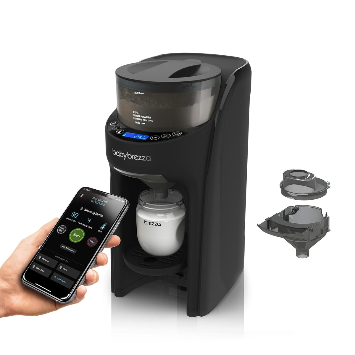 Baby Brezza Flaschenwärmer & -abkühler, Schwarz, Set automatischer Flaschenzubereiter WiFi, App-Steuerung, inkl. extra Milchpulvertrichter