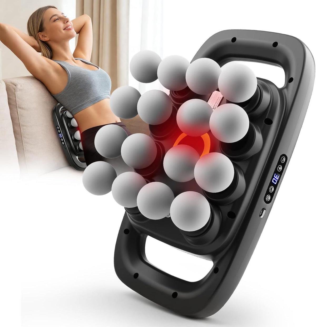 HANQUAN Rückenmassage, Schwarz, 16 Kopf Massagepistole Set, Deep Tissue Massage Gun Tragbar mit 3 Modi & 30 Intensitäten