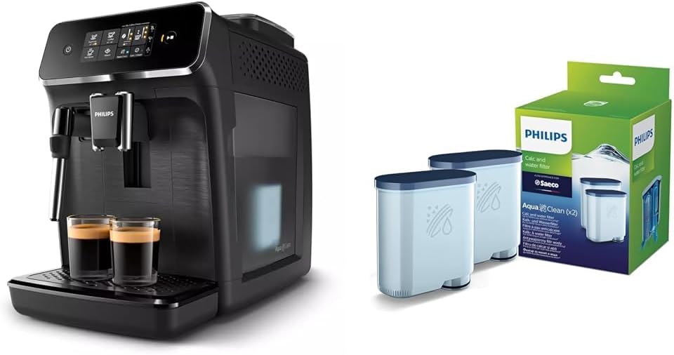 PHILIPS Milchaufschäumer, Schwarz, 2200 Series + Wasserfilter Doppelpack