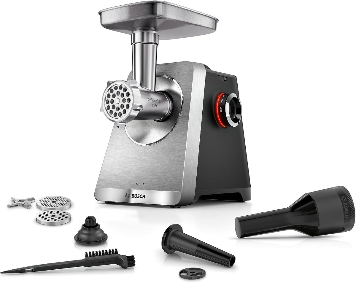 Bosch Fleischwölfe, 2.500 W, 8 mm, Silber, Fleischwolf Serie 8, 3 Lochscheiben (3/4, 5 / ), Edelstahl, spülmaschinenfest