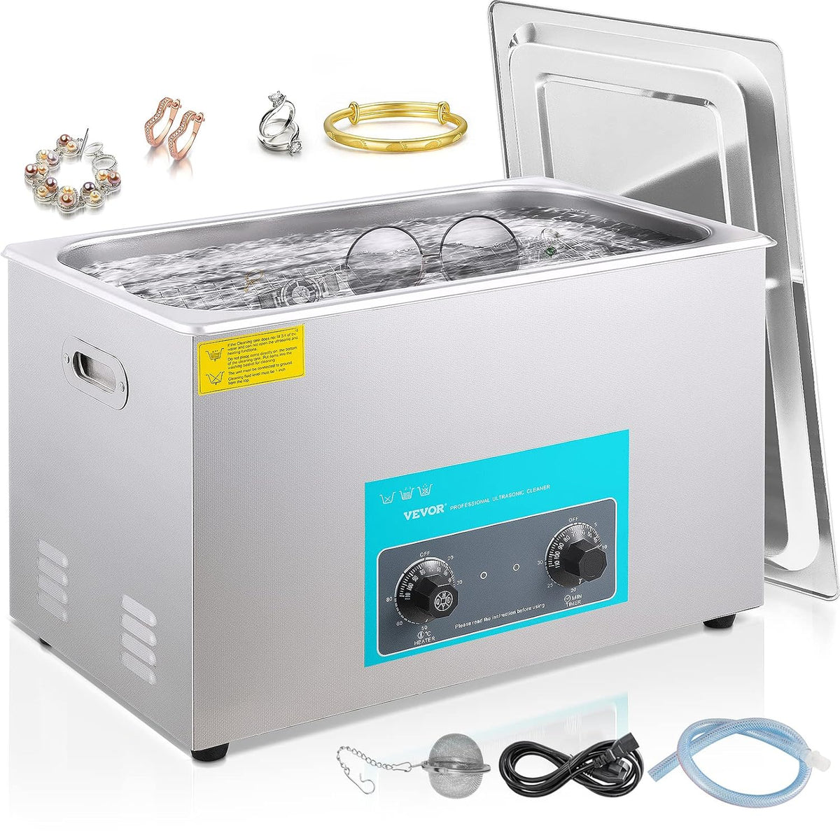 VEVOR Labor-Reinigungsartikel, 30 L, Edelstahl, Silber, Ultraschallreiniger, mit Heiztimer für Schmuck, Uhren, Brillen